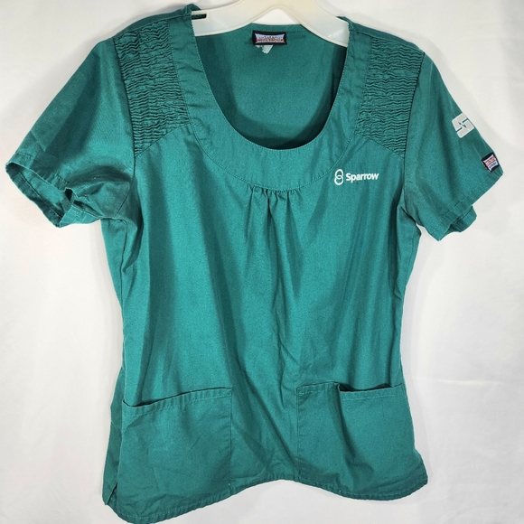 Cherokee Green Sparrow Smocked Shoulders Short Sleeve Scrub Top Size Small - Picture 1 of 8